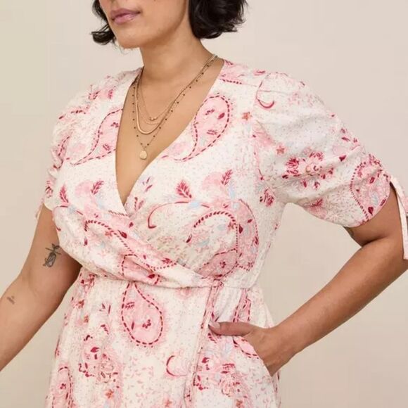 Torrid Swiss Dot Surplice Midi Dress – White & Pink 0 - Picture 7 of 11